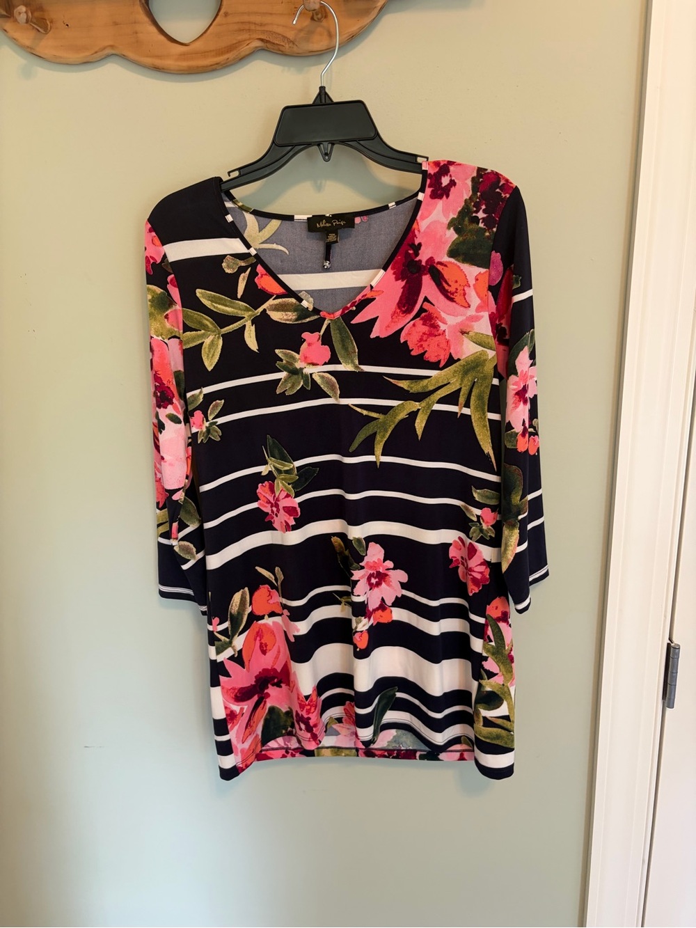 Melissa Paige Navy Striped V-Neck Top with Pink Floral Print